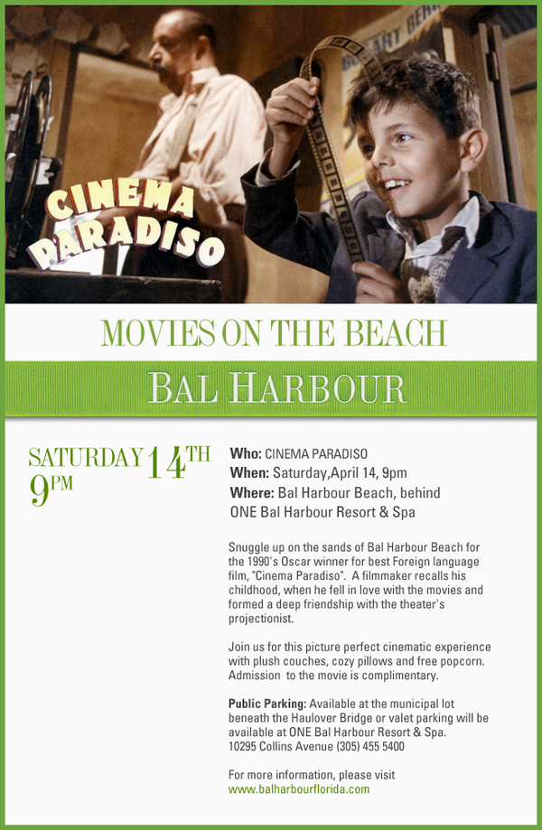 April 14 at 9pm CINEMA PARADISO for Movies on the Beach