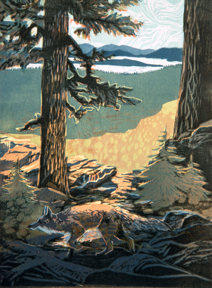 June 2016 Announcements from Rogue Gallery : Sierra Fox, woodblock print by Melinda Whipplesmith Plank
