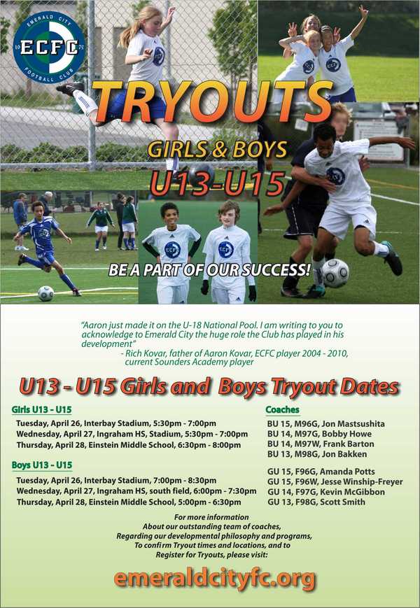 Emerald City FC U13-15 Soccer Tryouts Emerald City FC U13-15 Soccer Tryouts